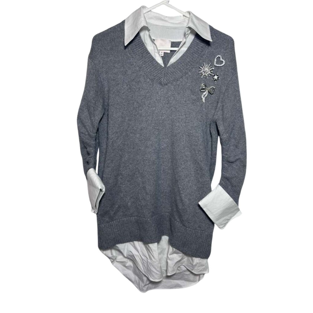 Cinq a Sept Sweater Dress Women XS Gray White Rhinestone Pins V-Neck Pullover